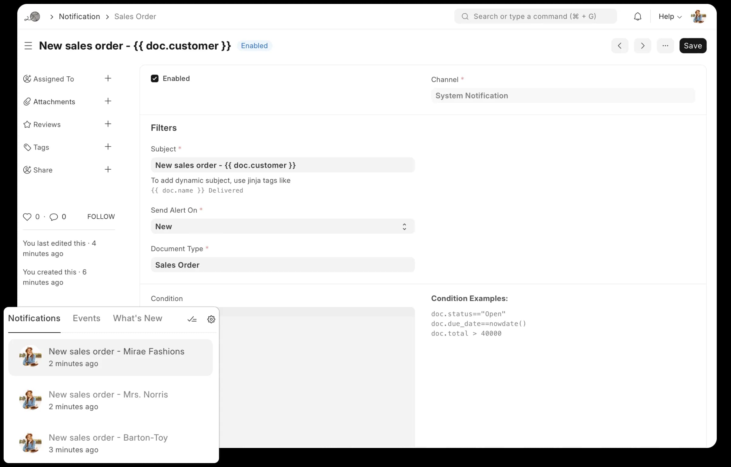 Cấu hình thông báo trong ERPNext: gửi trong ứng dụng, qua email, WhatsApp hoặc Slack theo điều kiện và tần suất bạn đặt